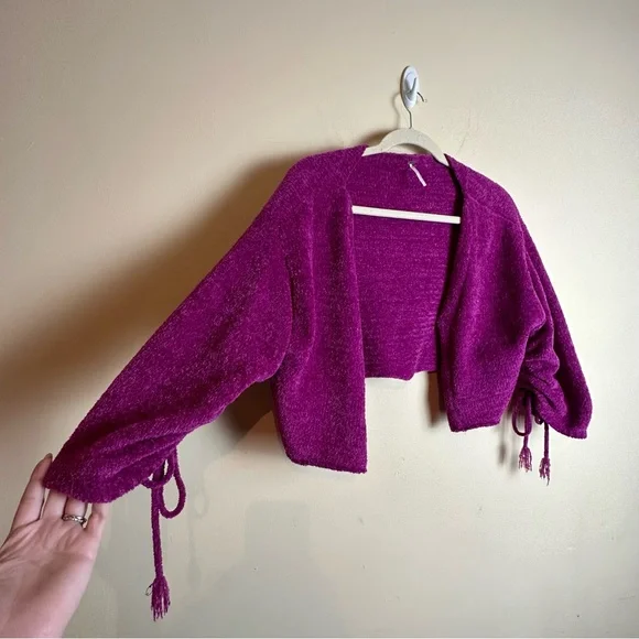 Free people Open Front Sweater Cardigan Hot Pink Cinched Tie Sleeves Women’s XS - Picture 4 of 14